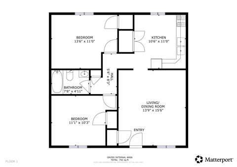 Floor plan for 2 beds, 1 bath, 750 sqft